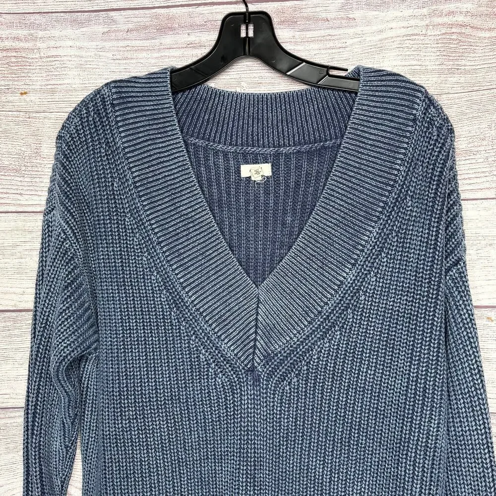 Aerie 100% Cotton Ribbed Blue Oversized Soft V Neckline Pullover Sweater Small